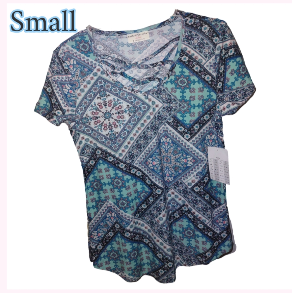 Croft & Barrow Blue Graphic Tie Front Short Sleeve Tee
